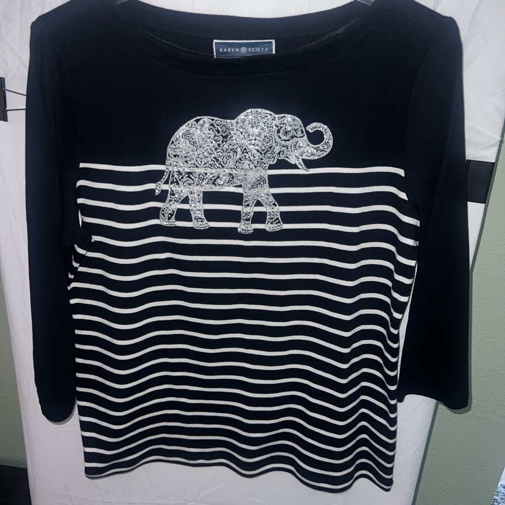 Karen Scott Top Large Blue Stripe Elephant Glitter cotton beaded Boho Nautical